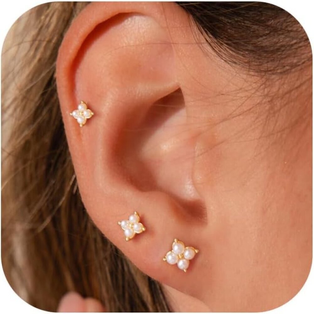 3 Pairs Small Flat Back Stud Earrings Hypoallergenic 14K Gold Jewelry Gift